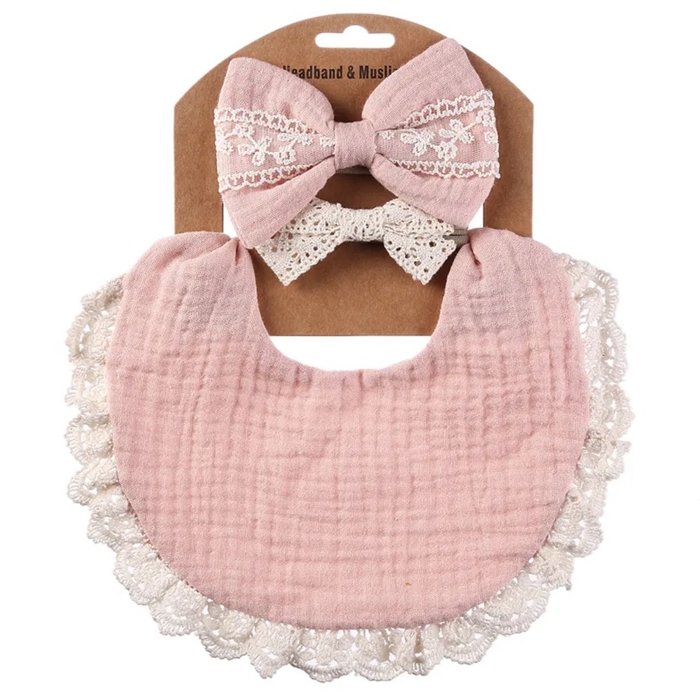 #3 LIGHT PINK MUSLIN COTTON BIB & HEADBANDS INFANT SET